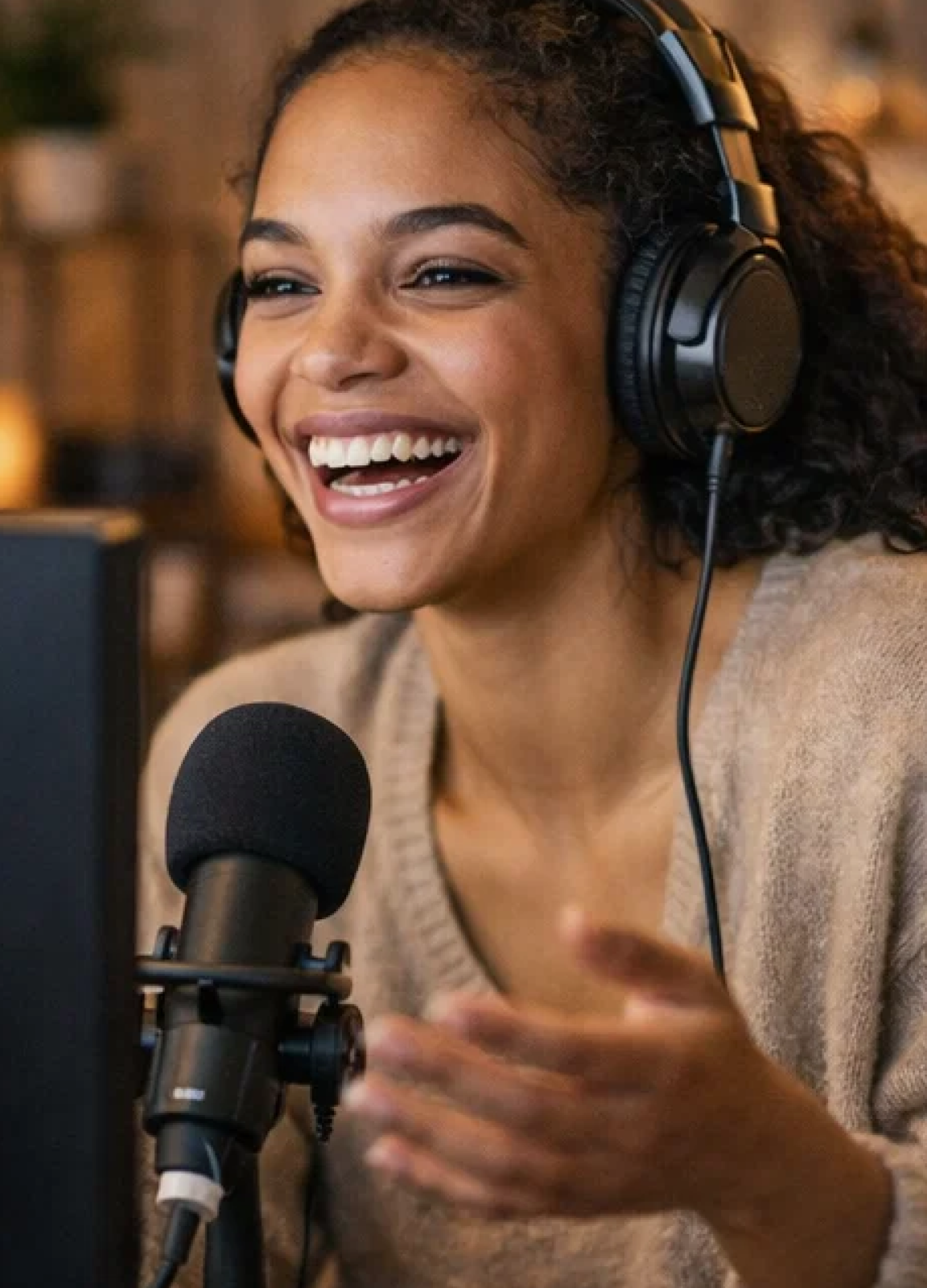 Smiling host in a gaming setup