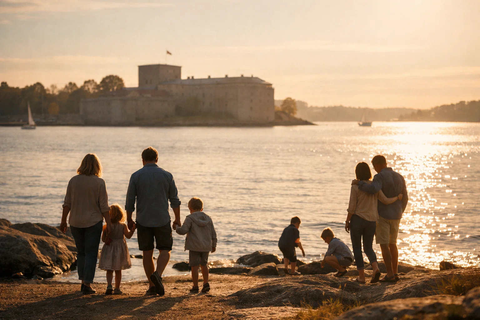 Family outdoors at sunset